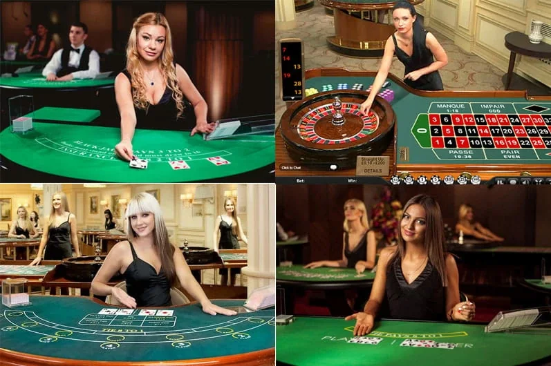 Ruang kasino live dengan tampilan meja dan dealer